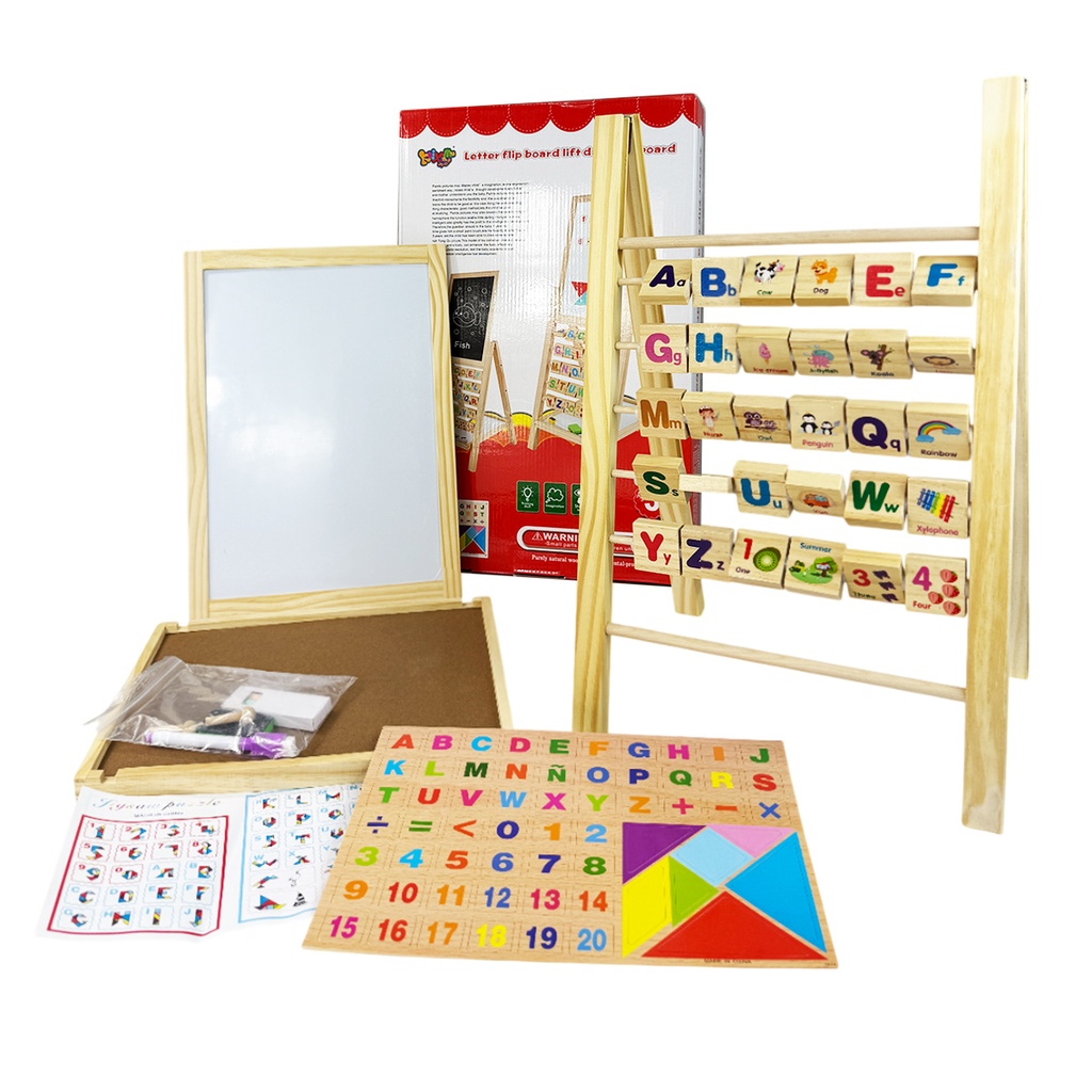 ZJ-1361 TABLERO DE MADERA DE APRENDIZAJE CON PIZARRON, ABECEDARIO MONTABLE, FICHAS DE LETRAS, NUMEROS Y FORMAS GEOMETRICAS DE 47.5 X 31 X 3.5 CM CON 1 PZ O CAJA CON 12 PZS