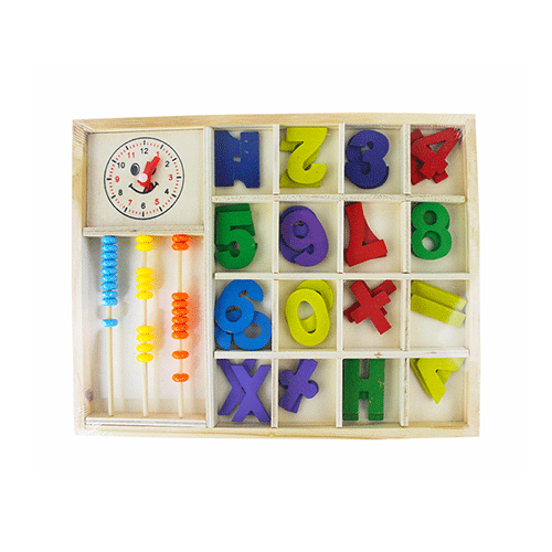 CAJA DE MADERA CON NUMEROS, ABACO Y RELOJ, PARA APRENDIZAJE DE MATEMATICAS DE 20X24CM, CON 1 PZ O CAJA CON 120 PZS