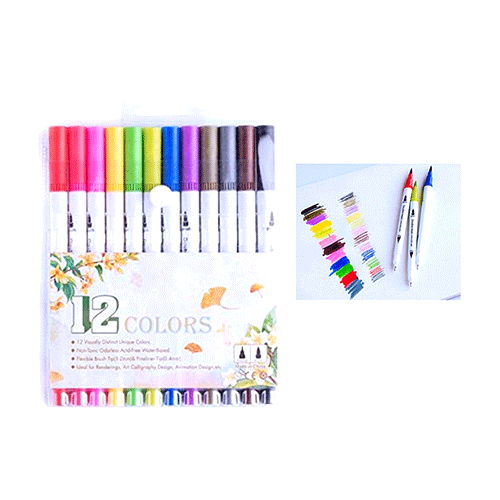 ZP-1033 ESTUCHE DE PLUMINES DOBLE PUNTA 12 COLORES CON 1 PQT O CAJA CON 120 PQTS