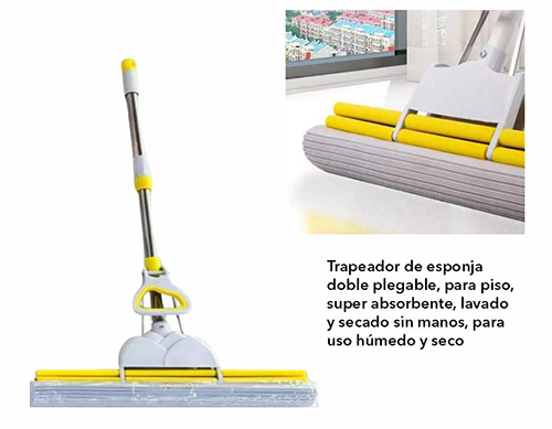 ZH-2201 TRAPEADOR DE ESPONJA DOBLE PLEGABLE CON 2 CABEZAS EN TOTAL, PARA PISO, SUPER ABSORBENTE, LAVADO Y SECADO SIN MANOS, PARA USO HUMEDO Y SECO DE 38 X 127.5 CM CON 1 PZ O CAJA CON 28 PZS
