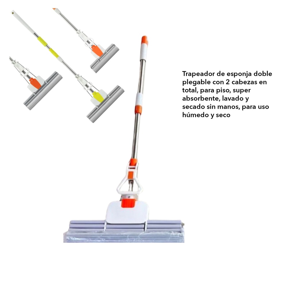 ZH-2199 TRAPEADOR DE ESPONJA DOBLE PLEGABLE CON 2 CABEZAS EN TOTAL, PARA PISO, SUPER ABSORBENTE, LAVADO Y SECADO SIN MANOS, PARA USO HUMEDO Y SECO DE 27 X 127 CM CON 1 PZ O CAJA CON 32 PZS