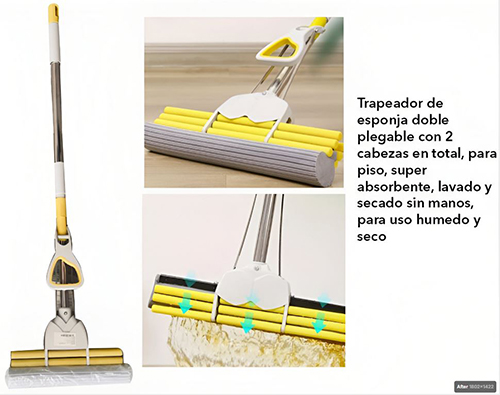 ZH-2200 TRAPEADOR DE ESPONJA DOBLE PLEGABLE CON 2 CABEZAS EN TOTAL, PARA PISO, SUPER ABSORBENTE, LAVADO Y SECADO SIN MANOS, PARA USO HUMEDO Y SECO DE 27 X 125.5 CM CON 1 PZ O CAJA CON 36 PZS
