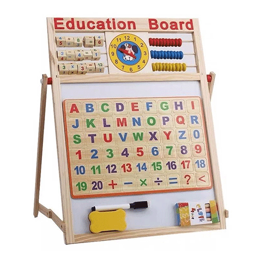 ZJ-1350 TABLERO MULTIFUNCIONAL DE APRENDIZAJE CON DOBLE PINTARRÓN BLANCO Y DE GIS, RELOJ, ABACO, ABACO DE OPERACIONES FICHAS MAGNETICAS DE NUMEROS Y LETRAS Y ACCESORIOS, DE 35.5 X 43.5 X 1.5 CM CON 1 PZ O CAJA CON 36 PZS