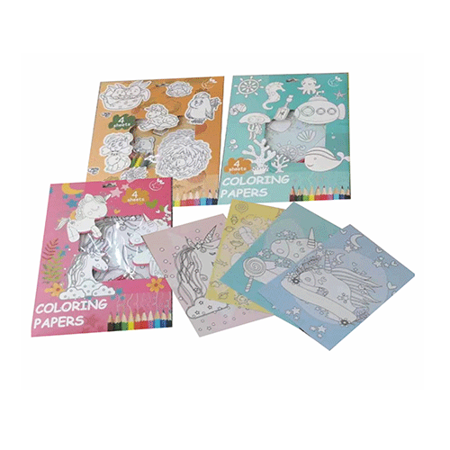 HOJAS PARA COLOREAR CON 5 COLORES Y 4 DISEÃ‘OS DIFERENTES CON 1 PZ O CAJA CON 360 PZS