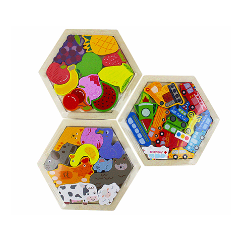 ZJ-1183 ROMPECABEZAS HEXAGONAL TRIDIMENSIONAL EDUCATIVO DE MADERA DE 1 X 16.5 X 16.5 CM, CON 1 PZ O CAJA CON 120 PZS