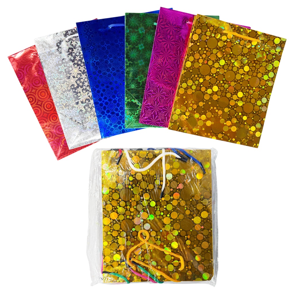 PAQUETE DE BOLSAS DE REGALO METALICA 21.5 X 18 X 7.5 CMS, CON 12 PZS, O CAJA CON 100 PQTS