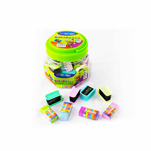 BOTE CON JGO. DE BORRADOR Y SACAPUNTAS CON 18 PZS CON 1 PZ O CAJA CON 60 PQTS