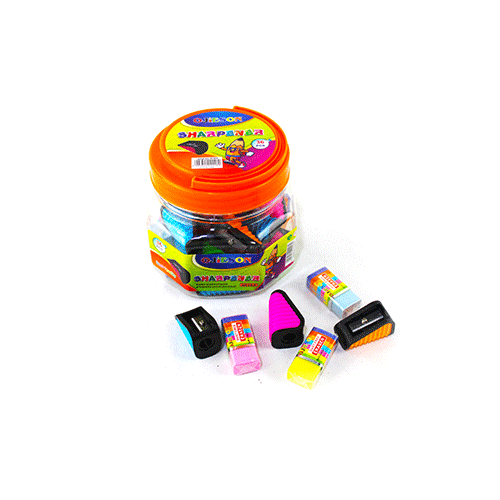 ZP-0936 BOTE CON JGO. DE BORRADOR Y SACAPUNTAS CON 18 PZS CON 1 PZ O CAJA CON 60 PQTS
