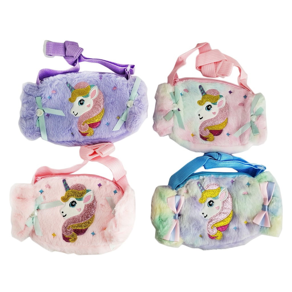 BOLSITA DE PELUCHE DE UNICORNIO DE COLORES PARA NIÑA DE 15 X 22 CM CON 12 PZS O CAJA CON 20 PQTS