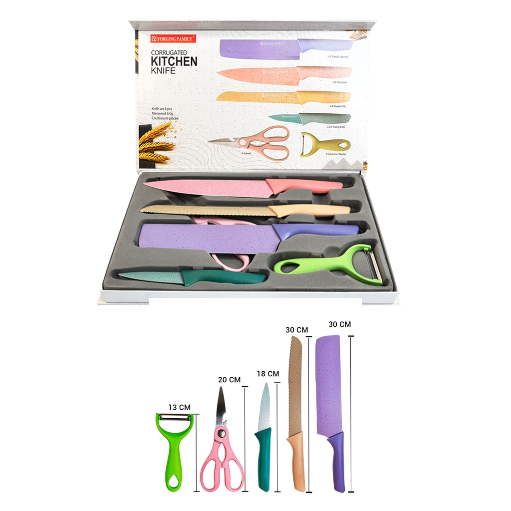 JUEGO DE CUCHILLOS, PELADOR Y TIJERAS DE 36 X 22 CM CON 1 PZ O CAJA CON 30 PZS 