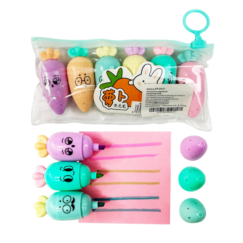MINI RESALTADORES DE 6 COLORES PASTEL DIFERENTES CON FIGURA DE ZANAHORIA CON 1 PZ O CAJA CON 288 PZS 