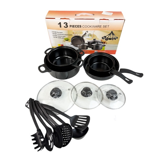 JUEGO DE 13 PIEZAS DE BATERIA Y UTENCILIOS DE COCINA CON 1 PZ O CAJA CON 10 PZS