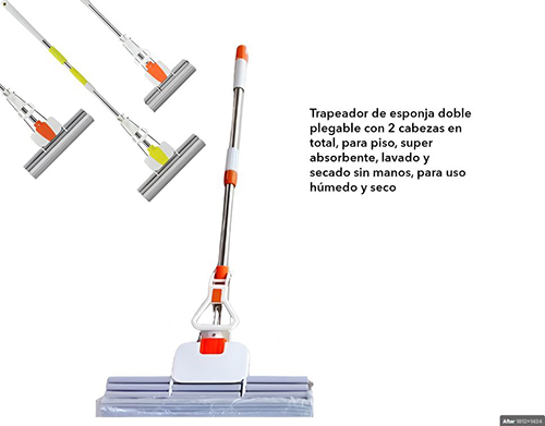 ZH-2198 TRAPEADOR DE ESPONJA DOBLE PLEGABLE CON 2 CABEZAS EN TOTAL, PARA PISO, SUPER ABSORBENTE, LAVADO Y SECADO SIN MANOS, PARA USO HUMEDO Y SECO DE 38 X 127 CM CON 1 PZ O CAJA CON 26 PZS.