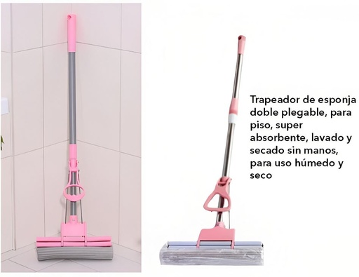 ZH-2196 TRAPEADOR DE ESPONJA DOBLE PLEGABLE, PARA PISO, SUPER ABSORBENTE, LAVADO Y SECADO SIN MANOS, PARA USO HUMEDO Y SECO DE 38 X 116 CM CON 1 PZ O CAJA CON 28 PZS.