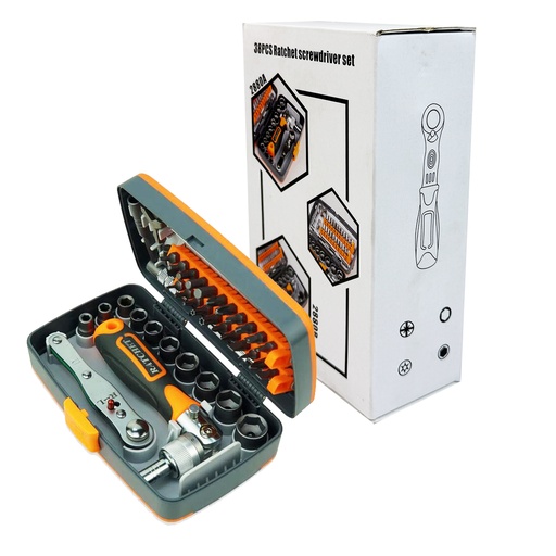 MINI KIT DESTORNILLADOR DE MATRACA AJUSTABLES CON ACCESORIOS 38 EN 1 CON 1 PZ O CAJA CON 36 PZS