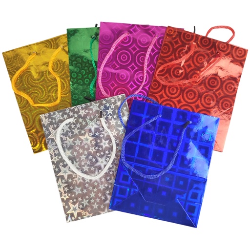 PAQUETE DE BOLSAS DE REGALO METALICA 14.5 X 11.5 X 6.5 CMS, CON 12 PZS, O CAJA CON 200 PQTS