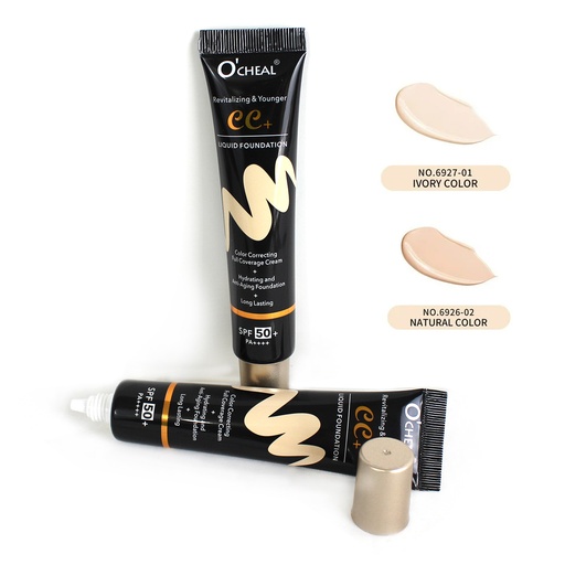 BASE LIQUIDA CORRECTOR FACIAL EN CREMA HIDRATANTE ANTIENVEJECIMIENTO CON 50 SPF CON COLOR O´CHEAL DE 3 X 2.3 X 15 CM DE 30 GRS CON 1 PZ O CAJA CON 192 PZS
